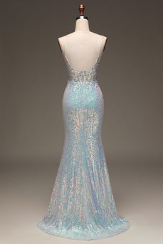 Sparkly Mermaid Grey Blue Formal Dress with Slit