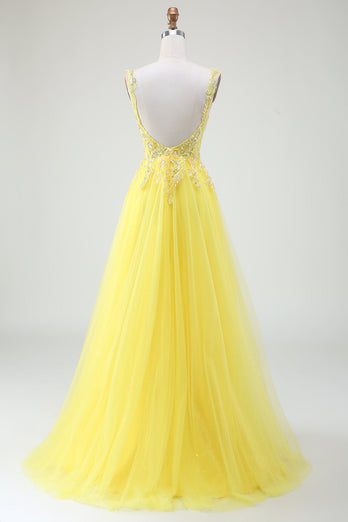 Tulle Beaded Yellow Corset Formal Dress with Slit