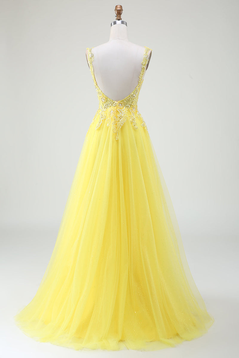 Load image into Gallery viewer, Tulle Beaded Yellow Corset Formal Dress with Slit