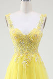 Tulle Beaded Yellow Corset Formal Dress with Slit