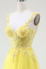 Load image into Gallery viewer, Tulle Beaded Yellow Corset Formal Dress with Slit