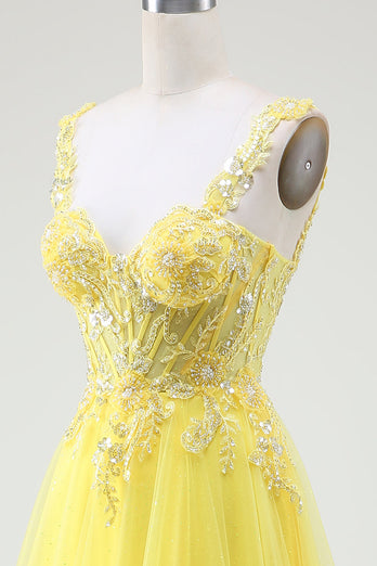 Tulle Beaded Yellow Corset Formal Dress with Slit