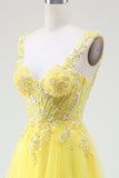 Tulle Beaded Yellow Corset Formal Dress with Slit