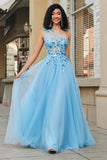 Gorgeous A Line One Shoulder Light Blue Corset Formal Dress with Appliques