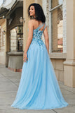 Gorgeous A Line One Shoulder Light Blue Corset Formal Dress with Appliques