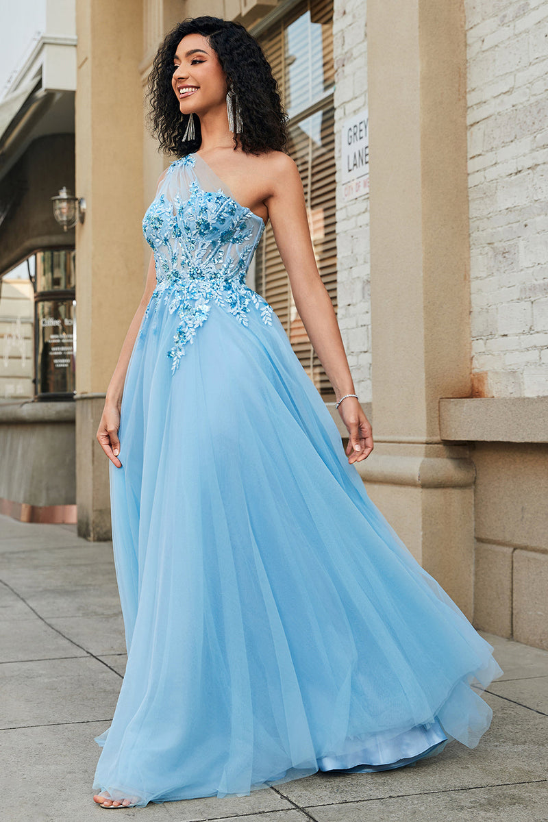 Load image into Gallery viewer, Gorgeous A Line One Shoulder Light Blue Corset Formal Dress with Appliques