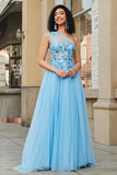 Gorgeous A Line One Shoulder Light Blue Corset Formal Dress with Appliques