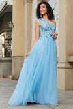 Gorgeous A Line One Shoulder Light Blue Corset Formal Dress with Appliques