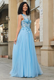 Gorgeous A Line One Shoulder Light Blue Corset Formal Dress with Appliques