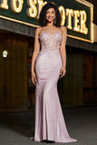 Trendy Mermaid Spaghetti Straps Blush Long Formal Dress with Beading