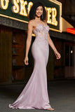 Trendy Mermaid Spaghetti Straps Blush Long Formal Dress with Beading