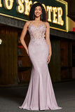 Trendy Mermaid Spaghetti Straps Blush Long Formal Dress with Beading