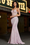 Trendy Mermaid Spaghetti Straps Blush Long Formal Dress with Beading