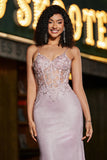 Trendy Mermaid Spaghetti Straps Blush Long Formal Dress with Beading