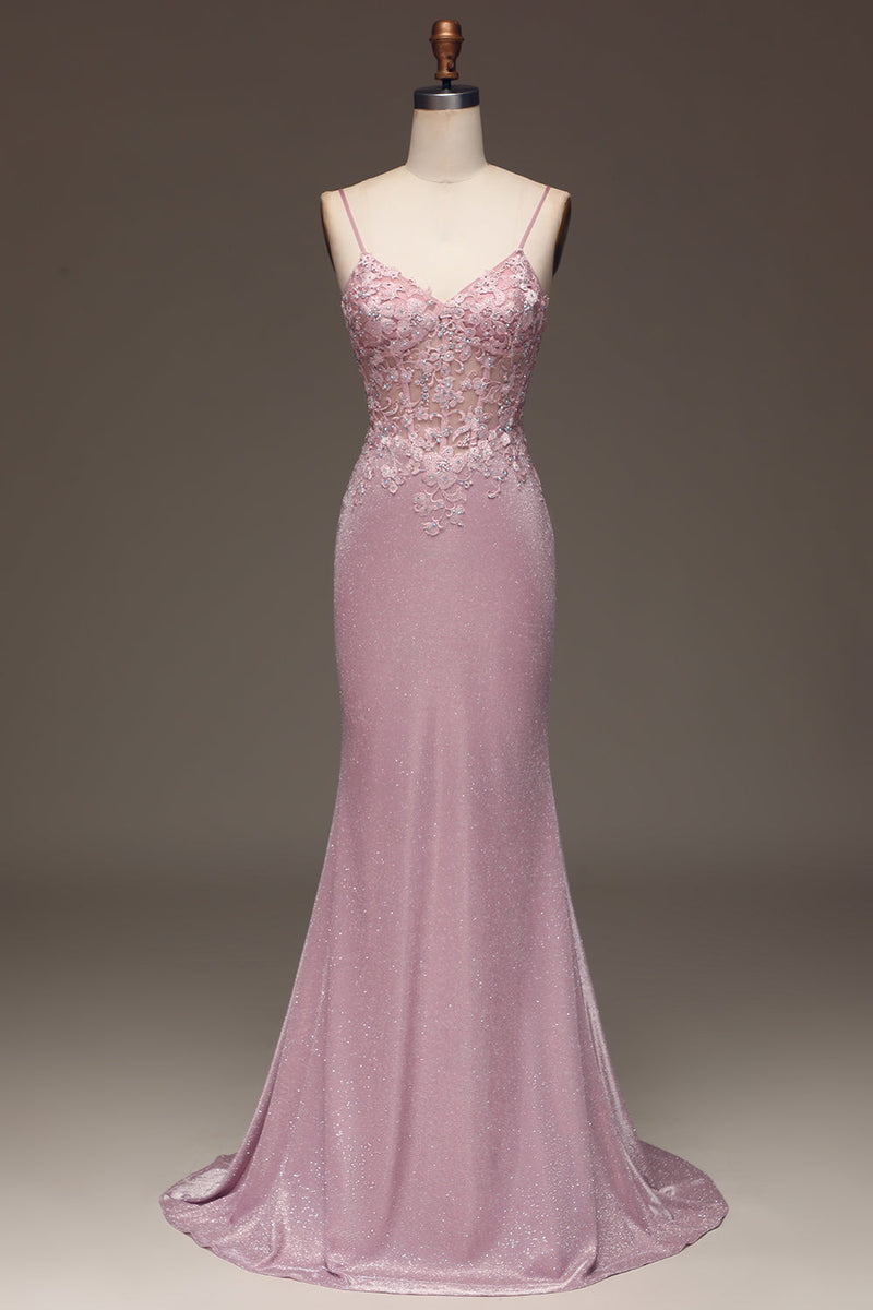 Load image into Gallery viewer, Glitter Blush Mermaid Spaghetti Straps Long Formal Dress with Beading