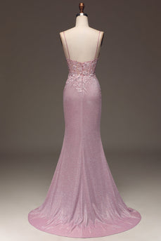Glitter Blush Mermaid Spaghetti Straps Long Formal Dress with Beading