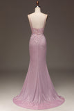 Glitter Blush Mermaid Spaghetti Straps Long Formal Dress with Beading