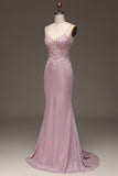 Glitter Blush Mermaid Spaghetti Straps Long Formal Dress with Beading