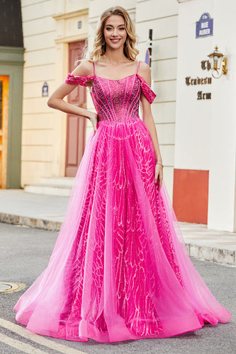 A-Line Cold Shoudler Sparkly Hot Pink Corset Formal Dress with Beading