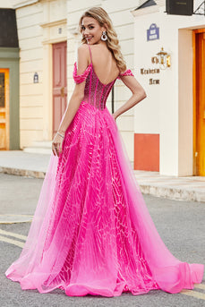 A-Line Cold Shoudler Sparkly Hot Pink Corset Formal Dress with Beading