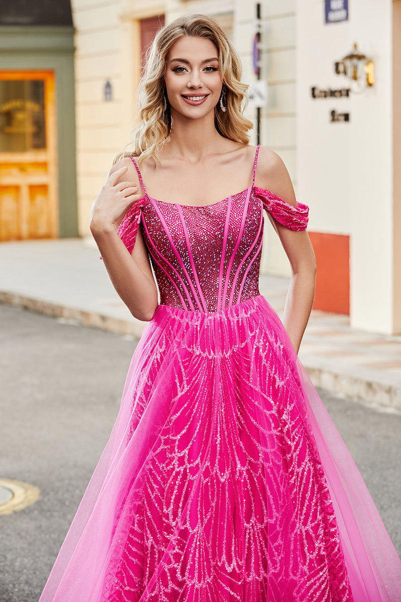Load image into Gallery viewer, A-Line Cold Shoudler Sparkly Hot Pink Corset Formal Dress with Beading