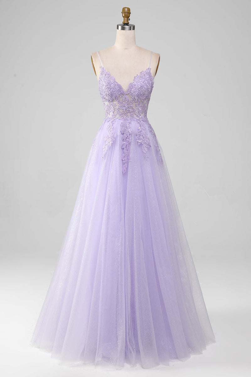 Load image into Gallery viewer, Sparkly Light Purple A-Line Spaghetti Straps Long Formal Dress With Beading