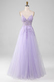 Sparkly Light Purple A-Line Spaghetti Straps Long Formal Dress With Beading