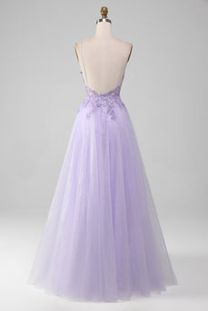 Sparkly Light Purple A-Line Spaghetti Straps Long Formal Dress With Beading
