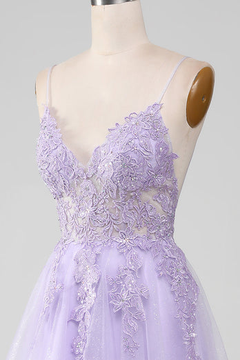 Sparkly Light Purple A-Line Spaghetti Straps Long Formal Dress With Beading