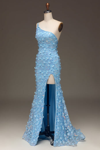 Light Blue Mermaid One Shoulder Side Slit Sequin Formal Dress with Appliques