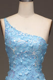 Light Blue Mermaid One Shoulder Side Slit Sequin Formal Dress with Appliques