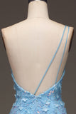 Light Blue Mermaid One Shoulder Side Slit Sequin Formal Dress with Appliques