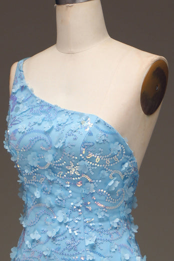 Light Blue Mermaid One Shoulder Side Slit Sequin Formal Dress with Appliques