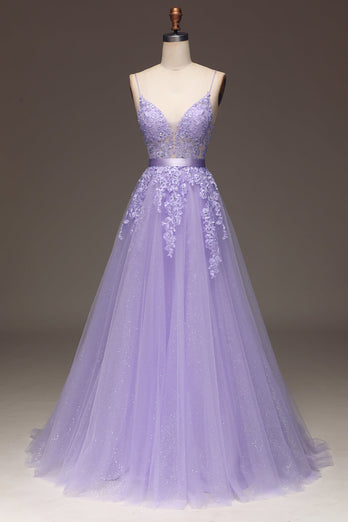 Purple A-Line Spaghetti Straps Long Beaded and Tulle Formal Dress with Appliques