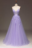 Purple A-Line Spaghetti Straps Long Beaded and Tulle Formal Dress with Appliques