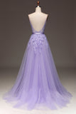 Purple A-Line Spaghetti Straps Long Beaded and Tulle Formal Dress with Appliques