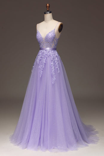 Purple A-Line Spaghetti Straps Long Beaded and Tulle Formal Dress with Appliques