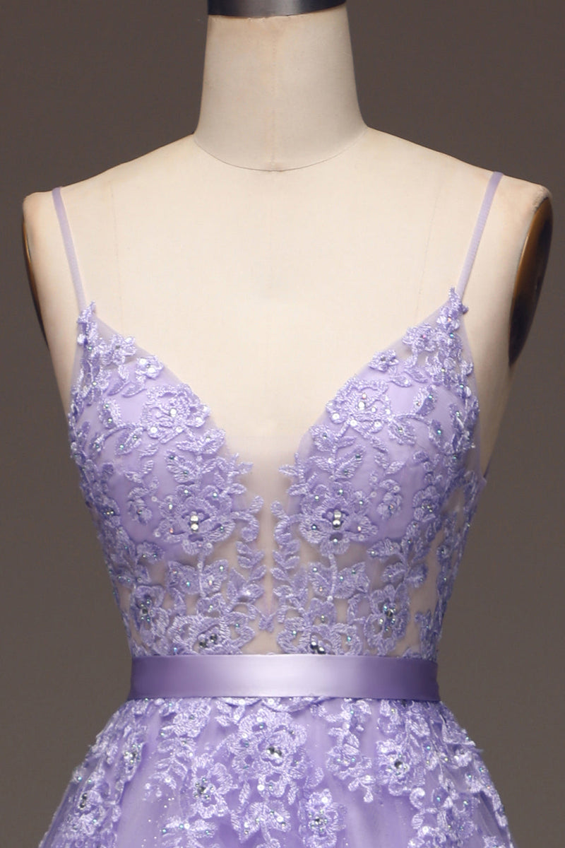 Load image into Gallery viewer, Purple A-Line Spaghetti Straps Long Beaded and Tulle Formal Dress with Appliques