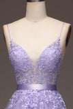 Purple A-Line Spaghetti Straps Long Beaded and Tulle Formal Dress with Appliques