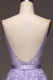 Purple A-Line Spaghetti Straps Long Beaded and Tulle Formal Dress with Appliques