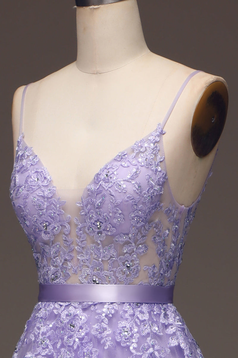 Load image into Gallery viewer, Purple A-Line Spaghetti Straps Long Beaded and Tulle Formal Dress with Appliques