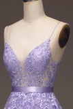 Purple A-Line Spaghetti Straps Long Beaded and Tulle Formal Dress with Appliques