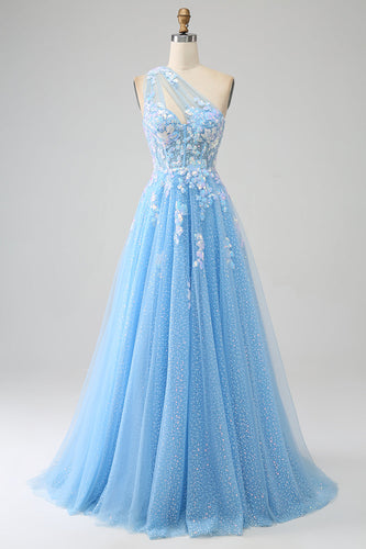 Stunning A Line One Shoulder Light Blue Long Tulle Formal Dress with Appliques