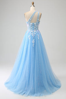 Stunning A Line One Shoulder Light Blue Long Tulle Formal Dress with Appliques