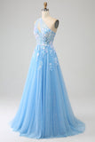 Stunning A Line One Shoulder Light Blue Long Tulle Formal Dress with Appliques