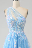 Stunning A Line One Shoulder Light Blue Long Tulle Formal Dress with Appliques