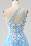 Stunning A Line One Shoulder Light Blue Long Tulle Formal Dress with Appliques