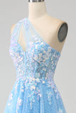 Stunning A Line One Shoulder Light Blue Long Tulle Formal Dress with Appliques