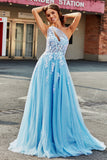 Light Blue A Line One Shoulder Long Tulle Formal Dress With Appliques