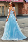 Light Blue A Line One Shoulder Long Tulle Formal Dress With Appliques